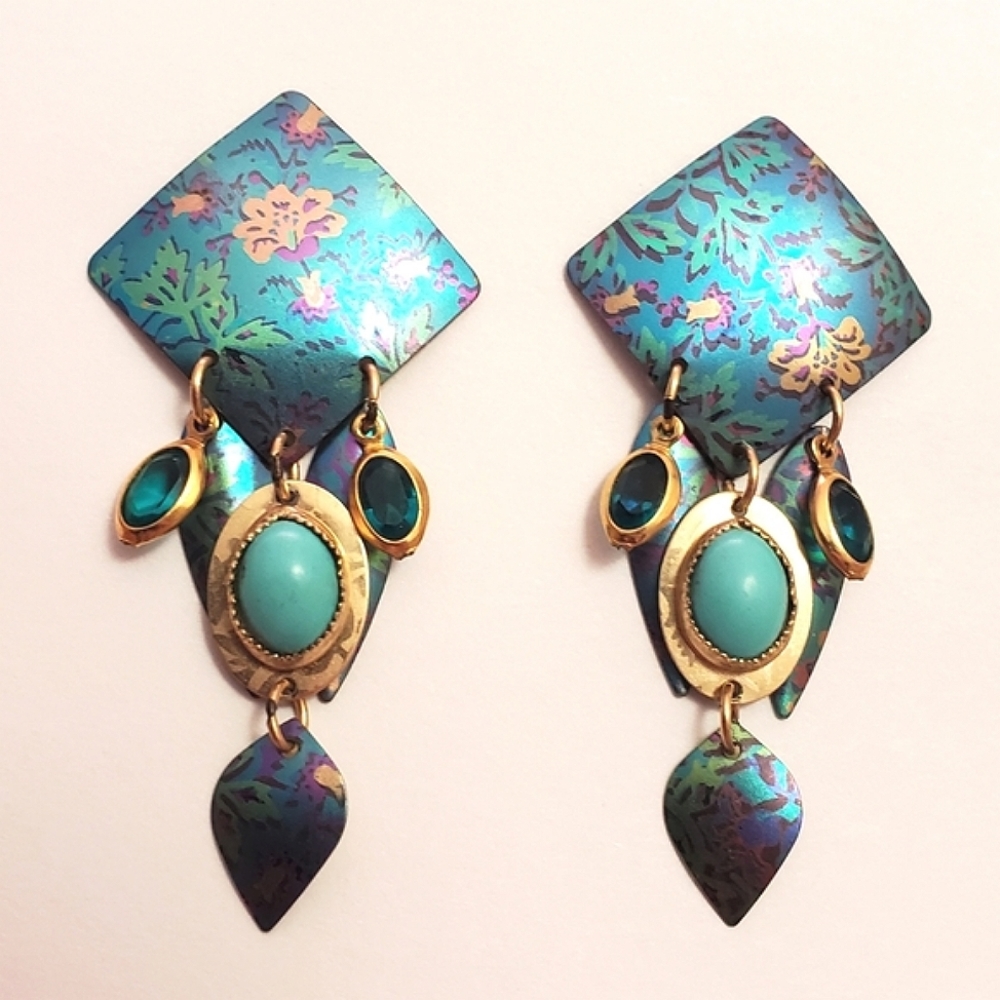 Holly Yashi - Teal floral print earrings with jewel drops